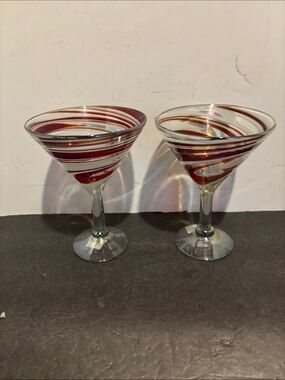 Hand-Blown Red Swirl Martini Glasses - Set of 2 Made In Mexico